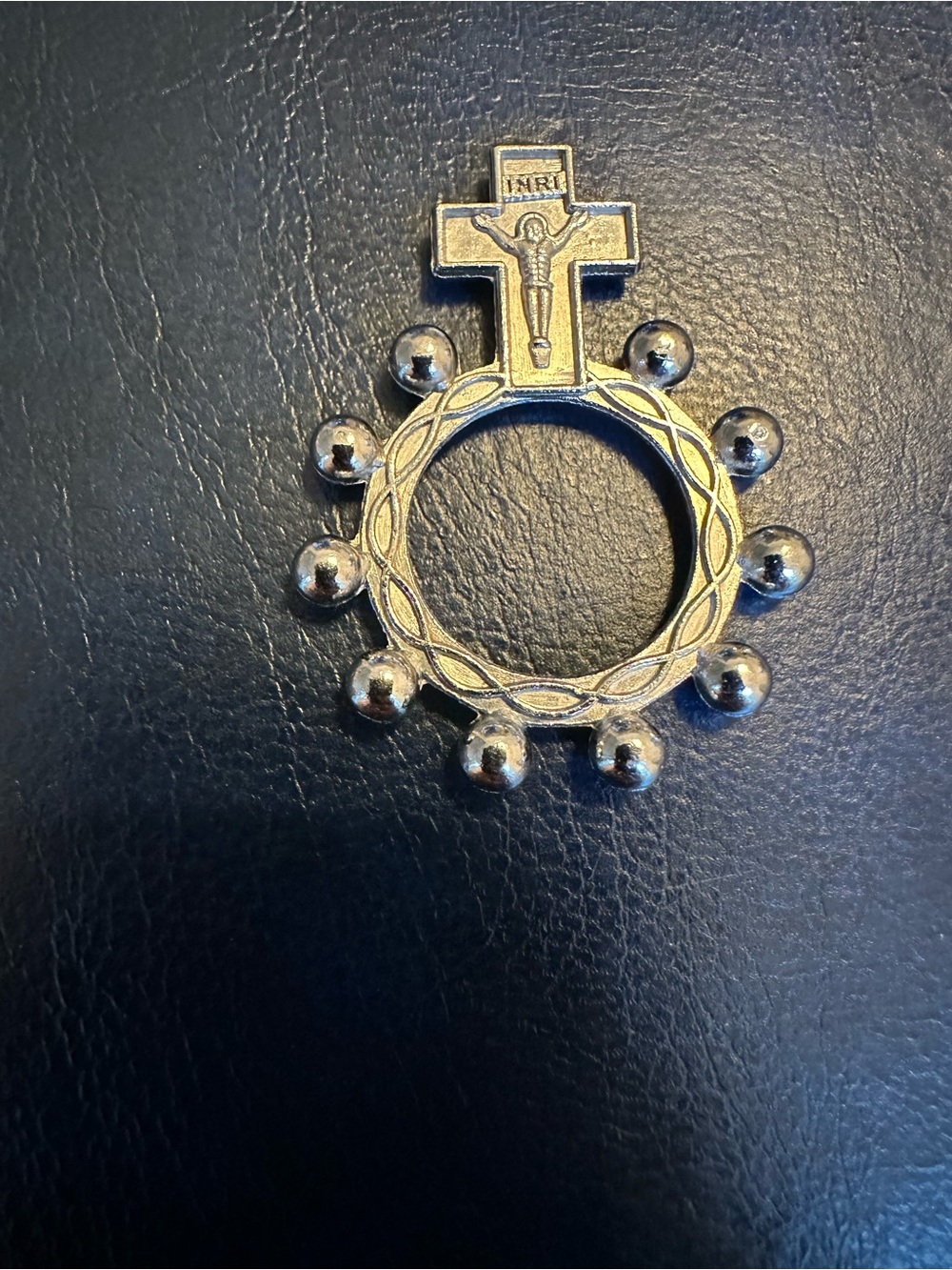 Silver-Tone Rosary Ring Pendant with Crucifix